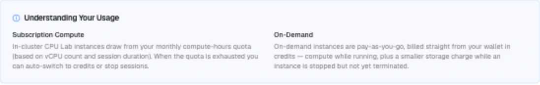 Understanding Your Usage card explaining subscription compute and on-demand billing
