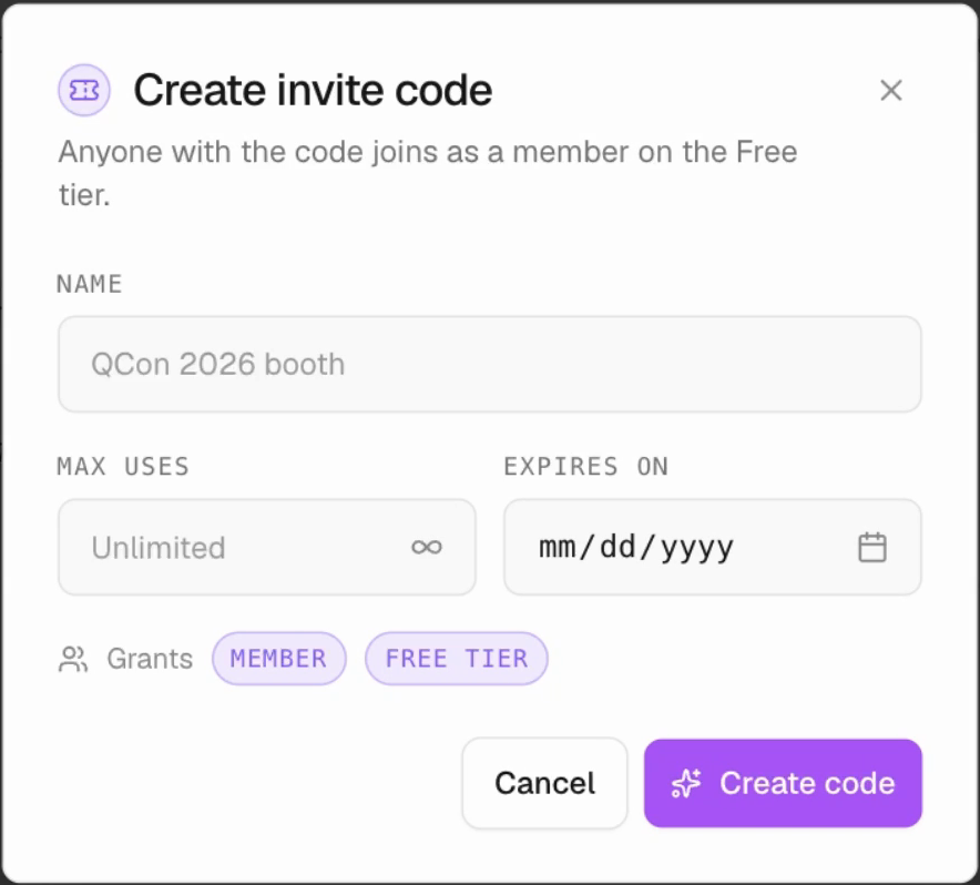 Create invite code dialog with name, use limit, expiration, and fixed Member and Free tier grants