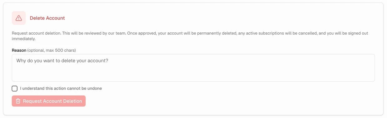 Delete Account form with an optional reason, confirmation checkbox, and deletion request button