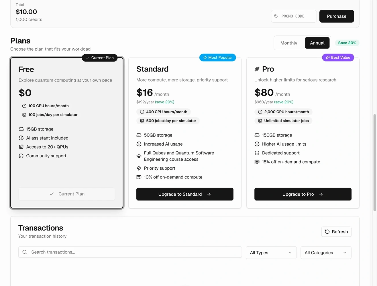 Free, Standard, and Pro plan cards with annual billing selected