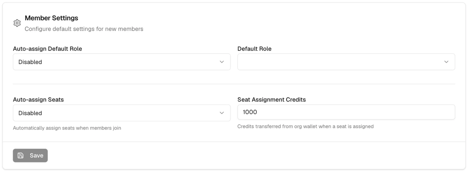 Member Settings showing default role, automatic role and seat assignment controls, seat assignment credits, and Save