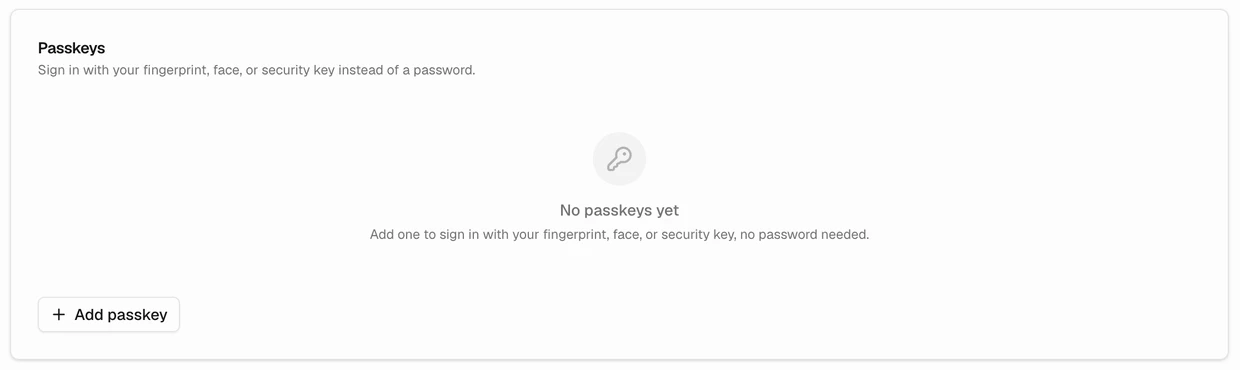 Passkeys card showing the Add passkey control and an empty passkey list
