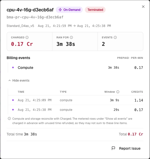 Terminated on-demand session showing 0.17 credits charged, 3 minutes 38 seconds of runtime, and two expanded compute billing events