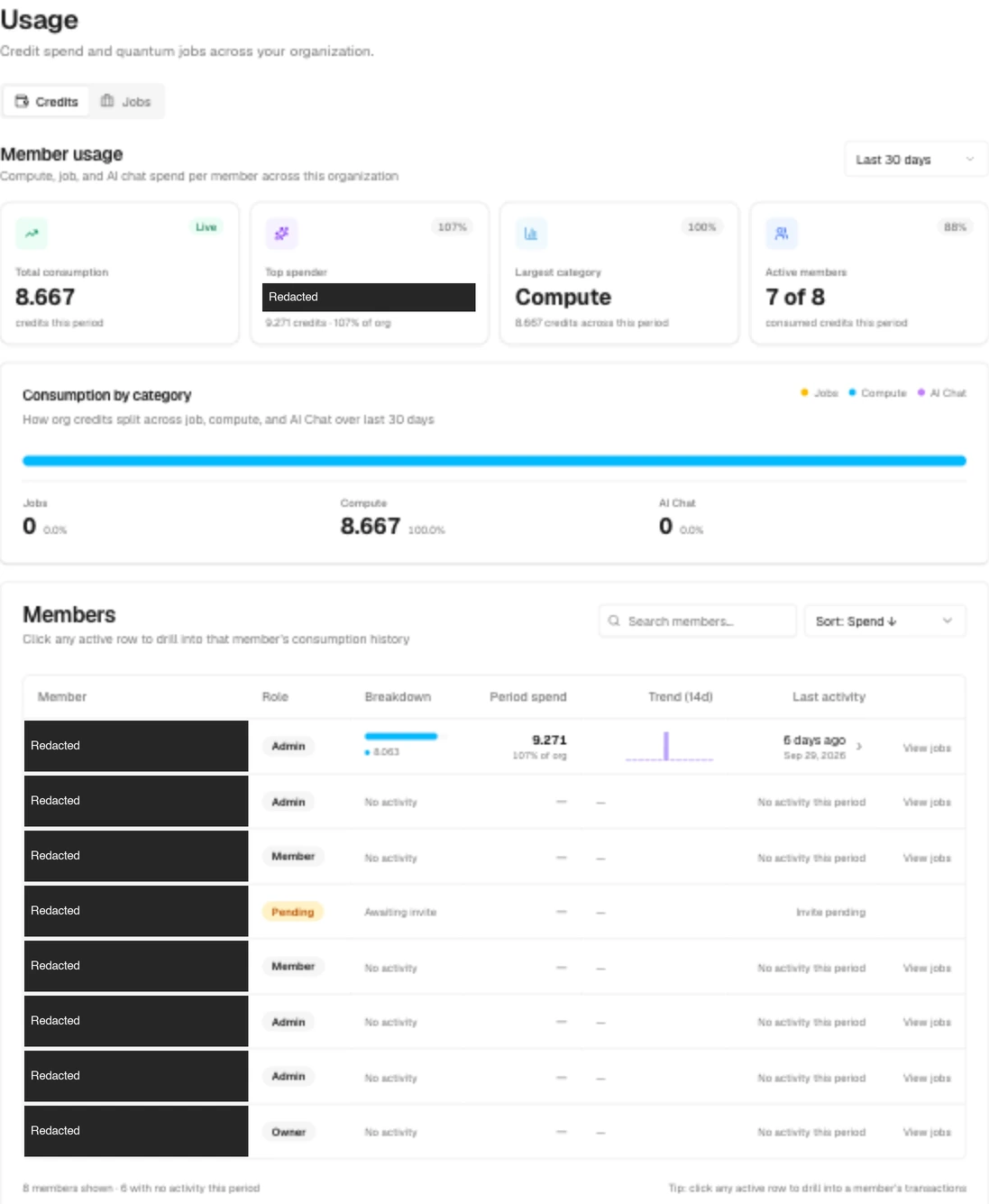 Full organization Usage Credits page showing summary cards, consumption by category, and the member activity table with identities redacted