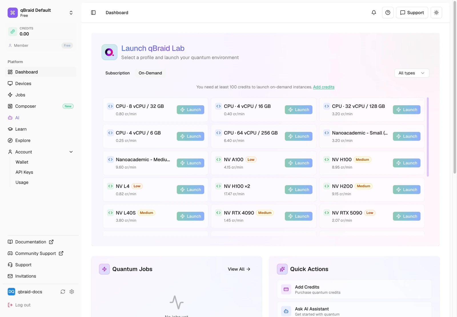 Dashboard with on-demand compute profiles, credit rates, and Launch buttons