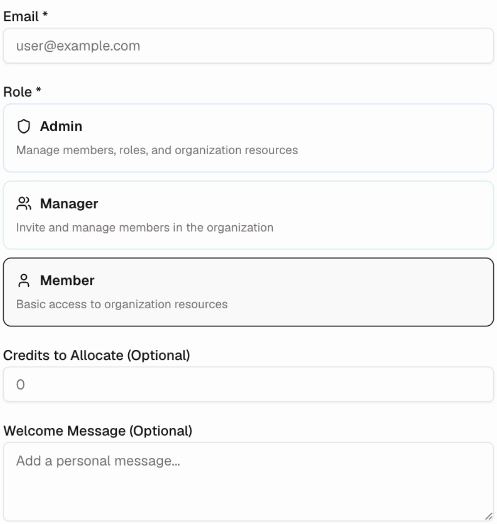 Member invitation form with email, Admin, Manager, and Member roles, optional credit allocation, and welcome message