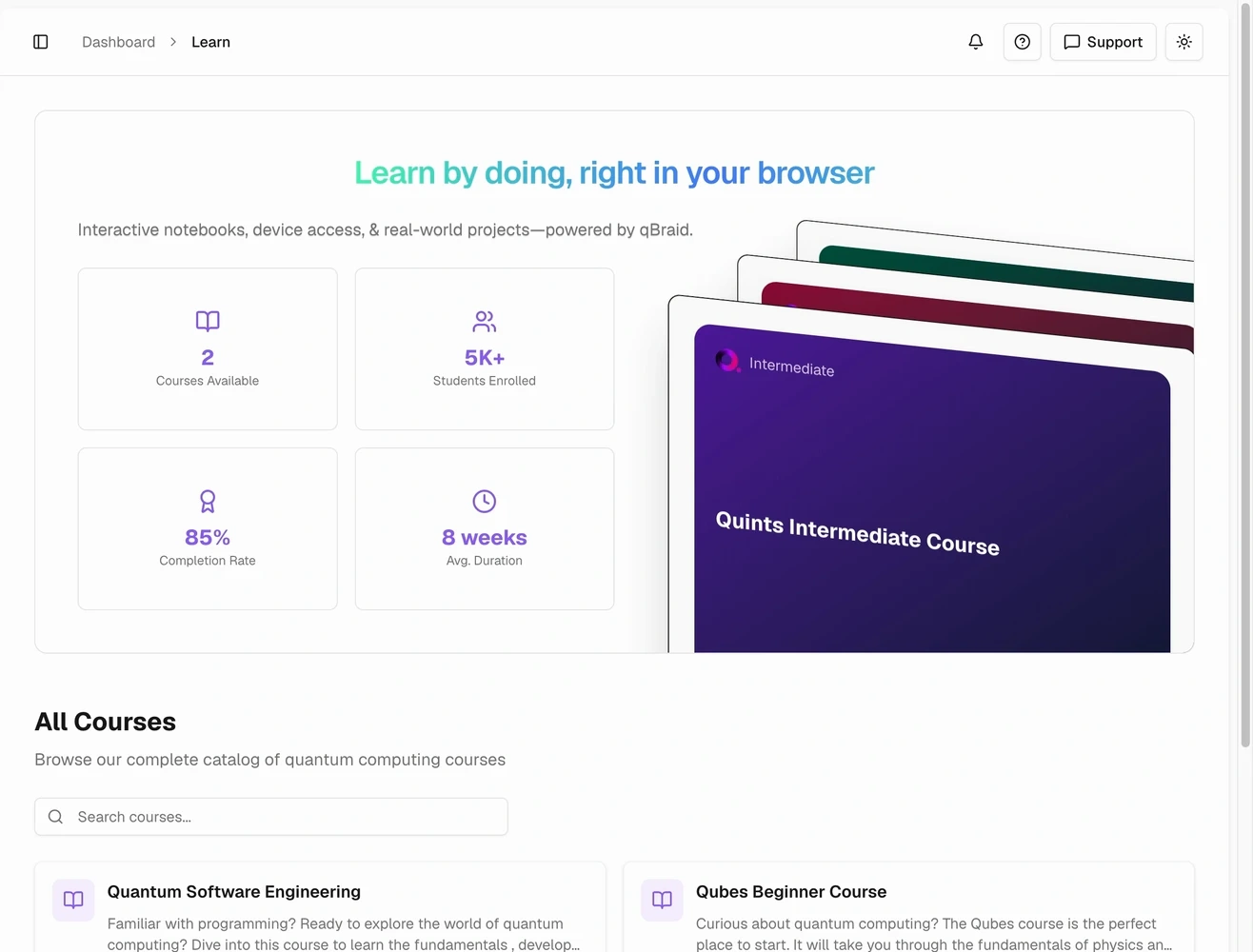 Learn page with course level shortcuts and available course cards