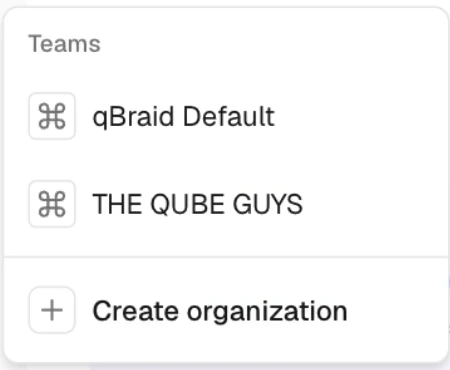 Workspace switcher listing qBraid Default and THE QUBE GUYS