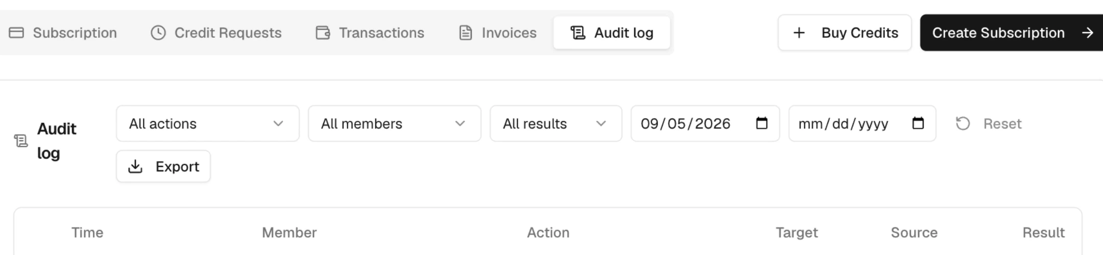 Billing Audit log tab with action, member, result, date filters, Reset, and Export controls