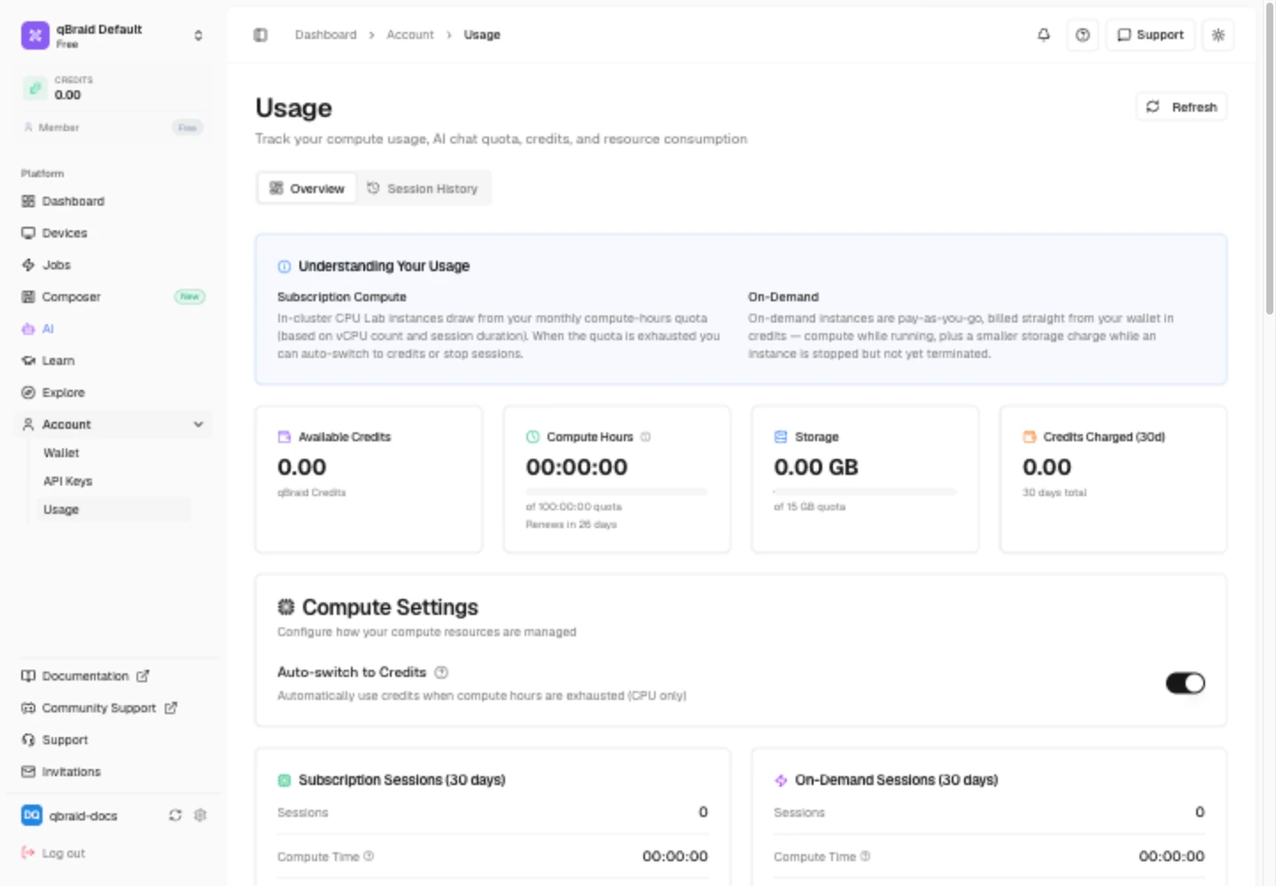 Account Usage in qBraid Default with Overview selected, allowance cards, and Compute Settings